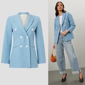 Sandro Nars Tweed Blazer Jacket Double Breasted Career Work Office Blue Size 40